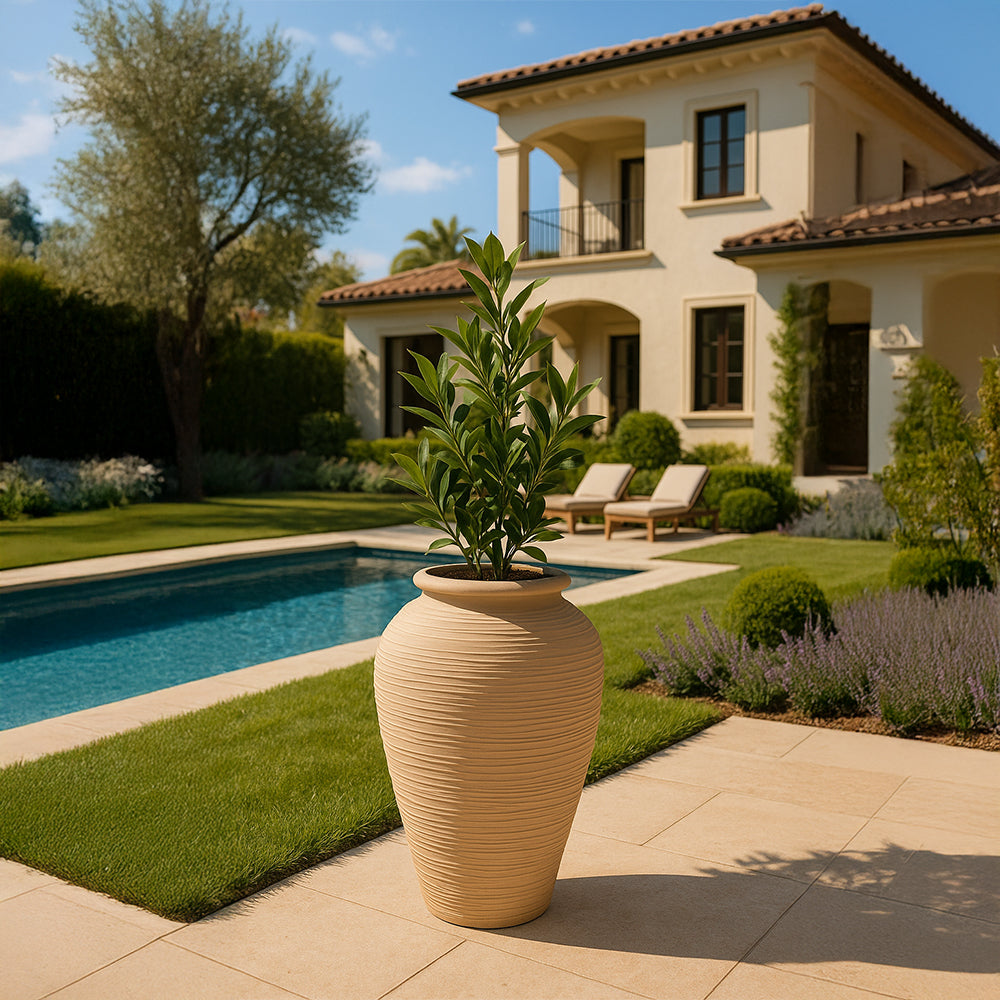 Textured Beige Tall Garden Style Terracotta Planter