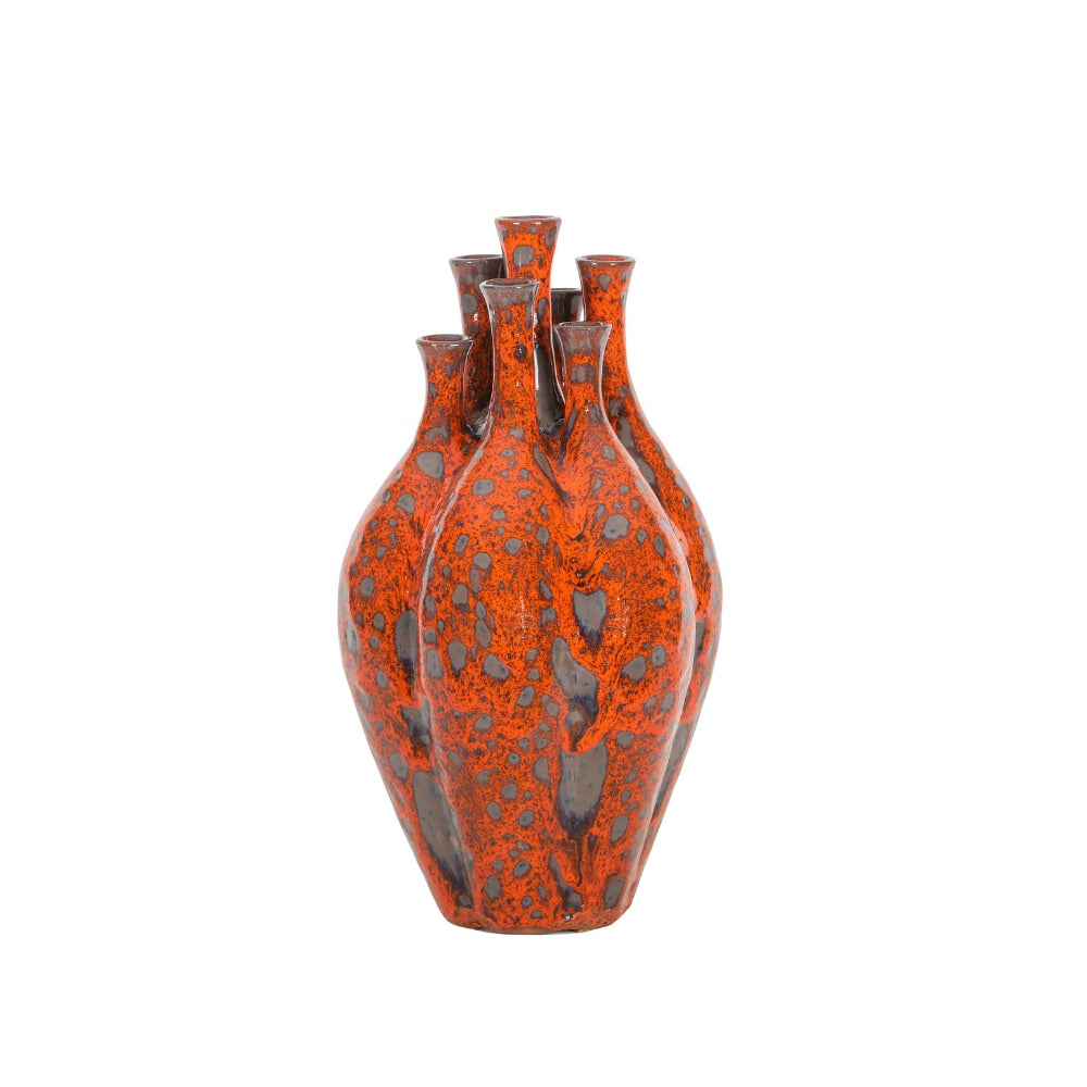 Red Lava Multi-Neck Decorative Ceramic Vase