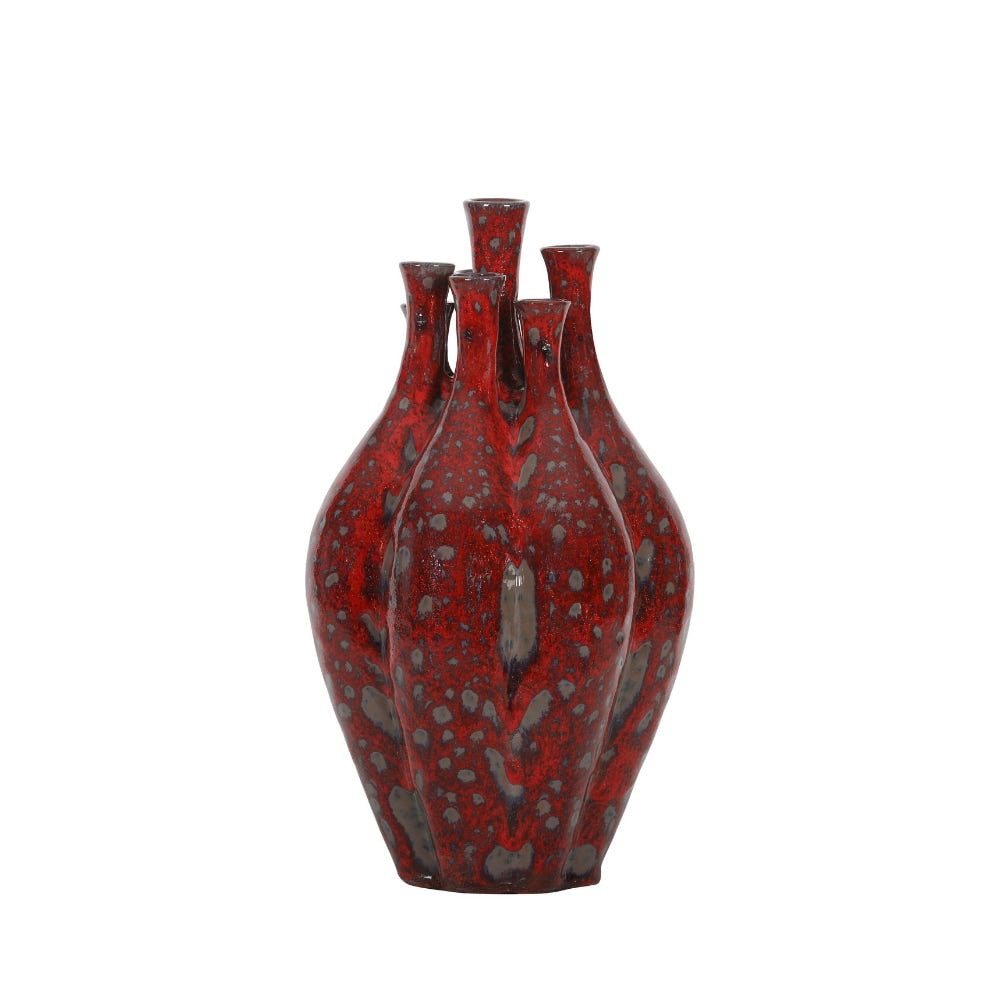 Crimson Lava Multi-Neck Decorative Ceramic Vase
