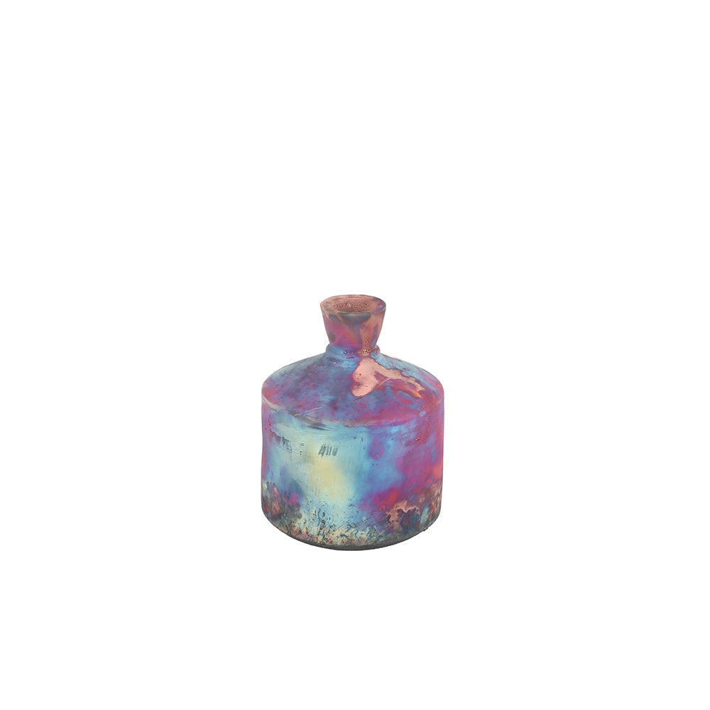 Iridescent Raku Style Short Neck Ceramic Vase