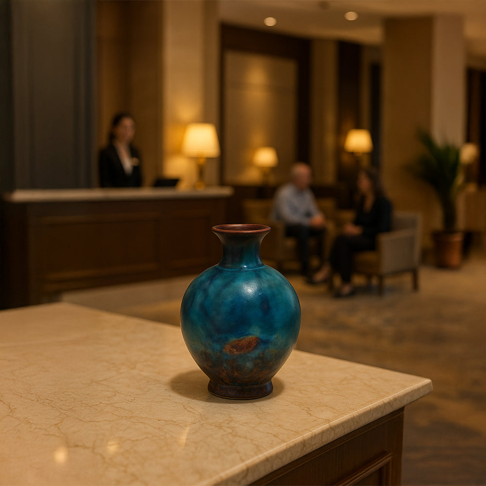 Ocean Raku Style Round Neck Ceramic Vase