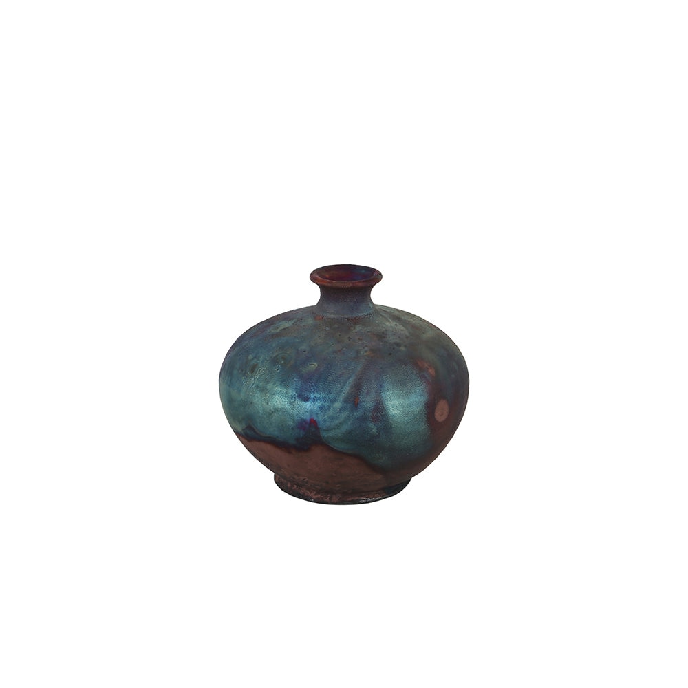 Aqua Raku Style Wide Neck Ceramic Vase