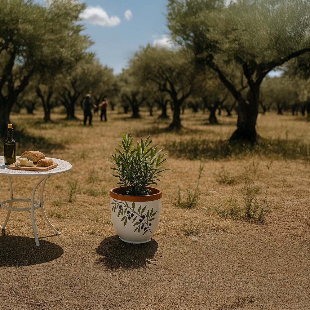 White Olive Branch Terracotta Flower Pot