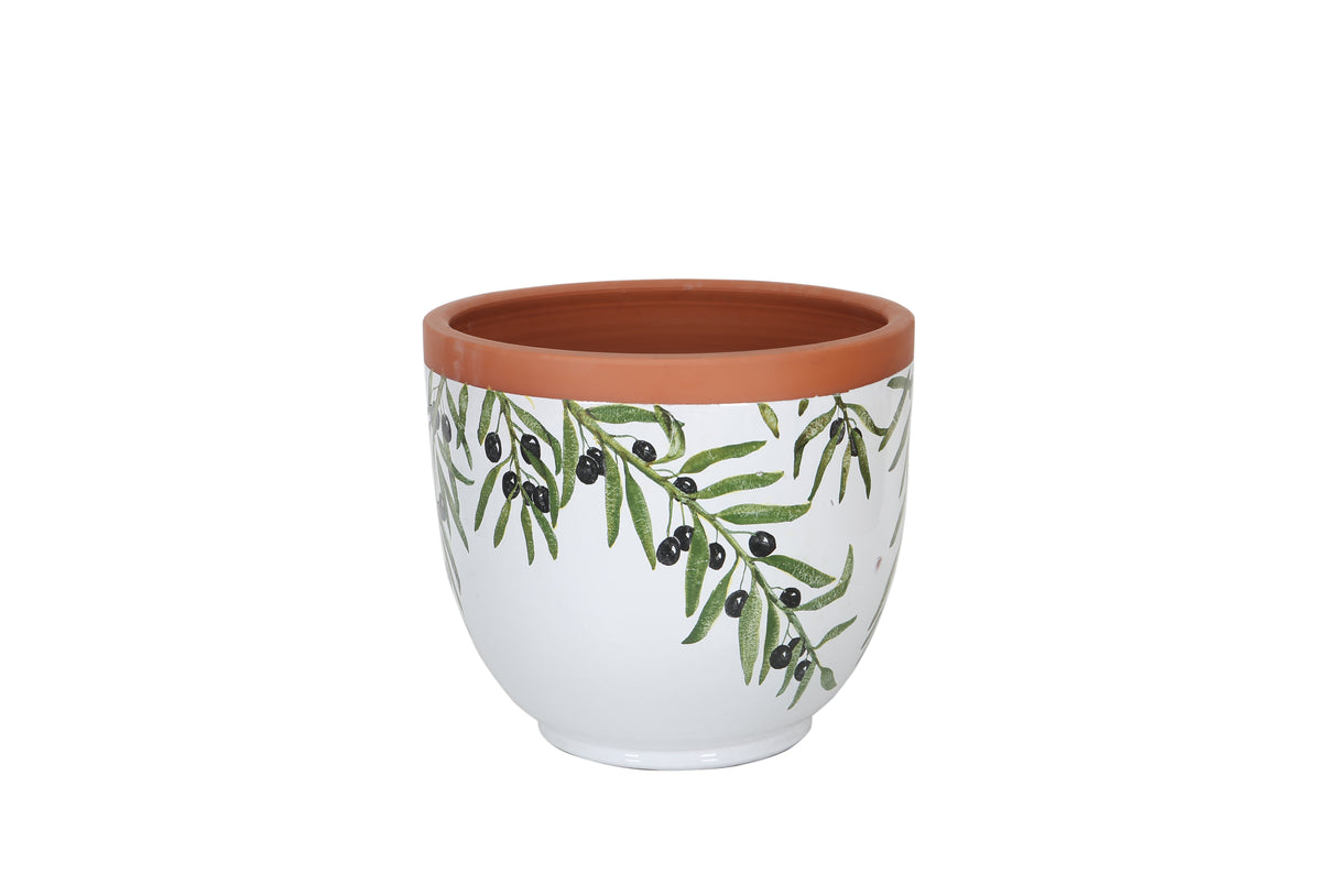 White Olive Branch Terracotta Flower Pot